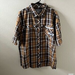 MO7 Men’s Plaid Button‑Down Shirt | 4XL | Brown, Yellow & White | Short Sleeve